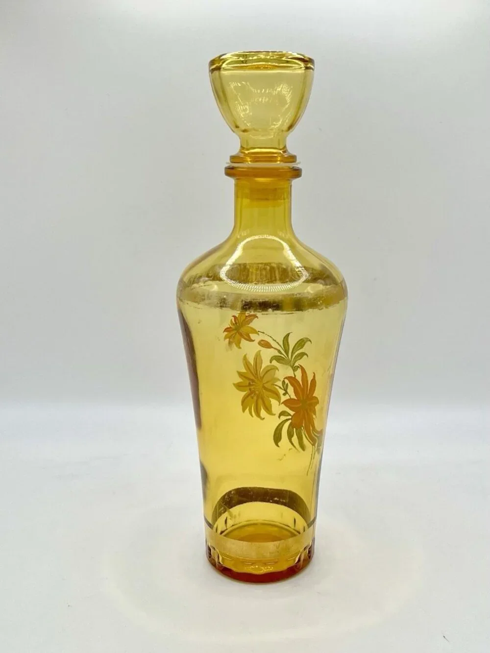 Vintage Mid Century Amber Glass Decanter Floral Bottle Barware MCM Retro Boho